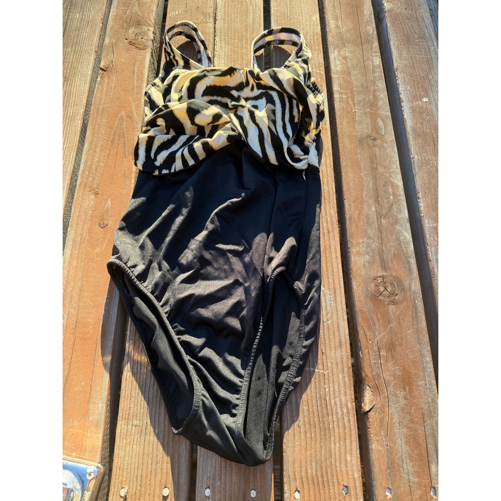 Venus Zebra Print Twist Front One Piece Swimsuit Black White Gold Size 8